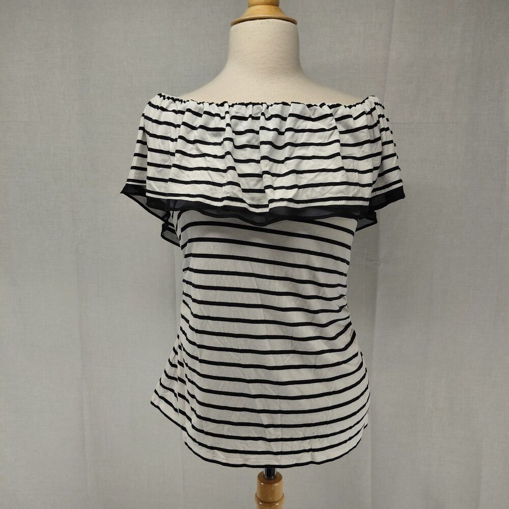 White House Black Market Off the Shoulder Navy & White Stripe Ruffled Top Sz M - Picture 2 of 7